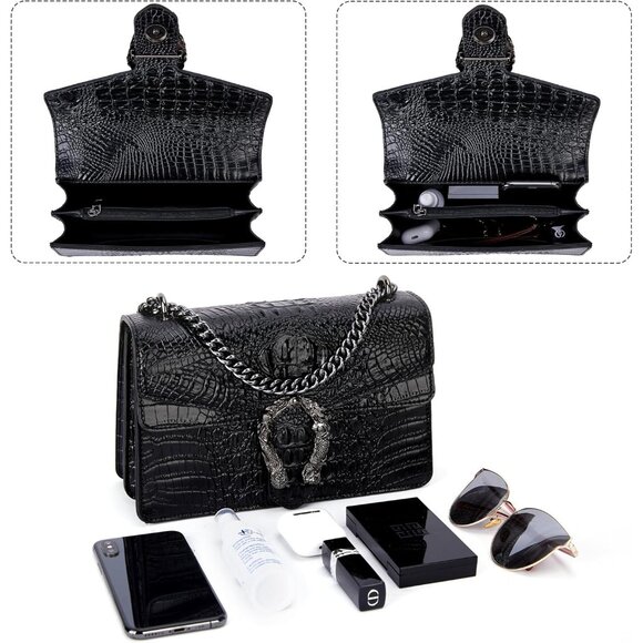 ⚡ Women's Crocodile Black Snake Leather Print Casual Satchel Crossbody Handbag - Picture 6 of 7